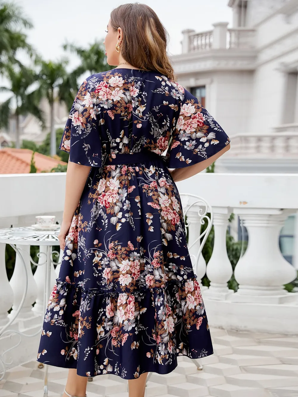 Plus Size Floral Surplice Neck Midi Dress, image 5