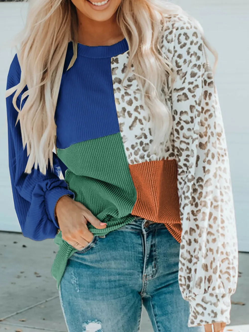 Color Block Leopard Round Neck Sweatshirt, image 10
