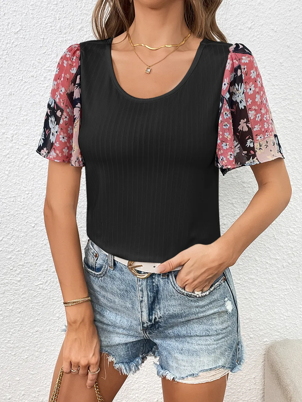 Printed Puff Sleeve Round Neck Tee, image 3