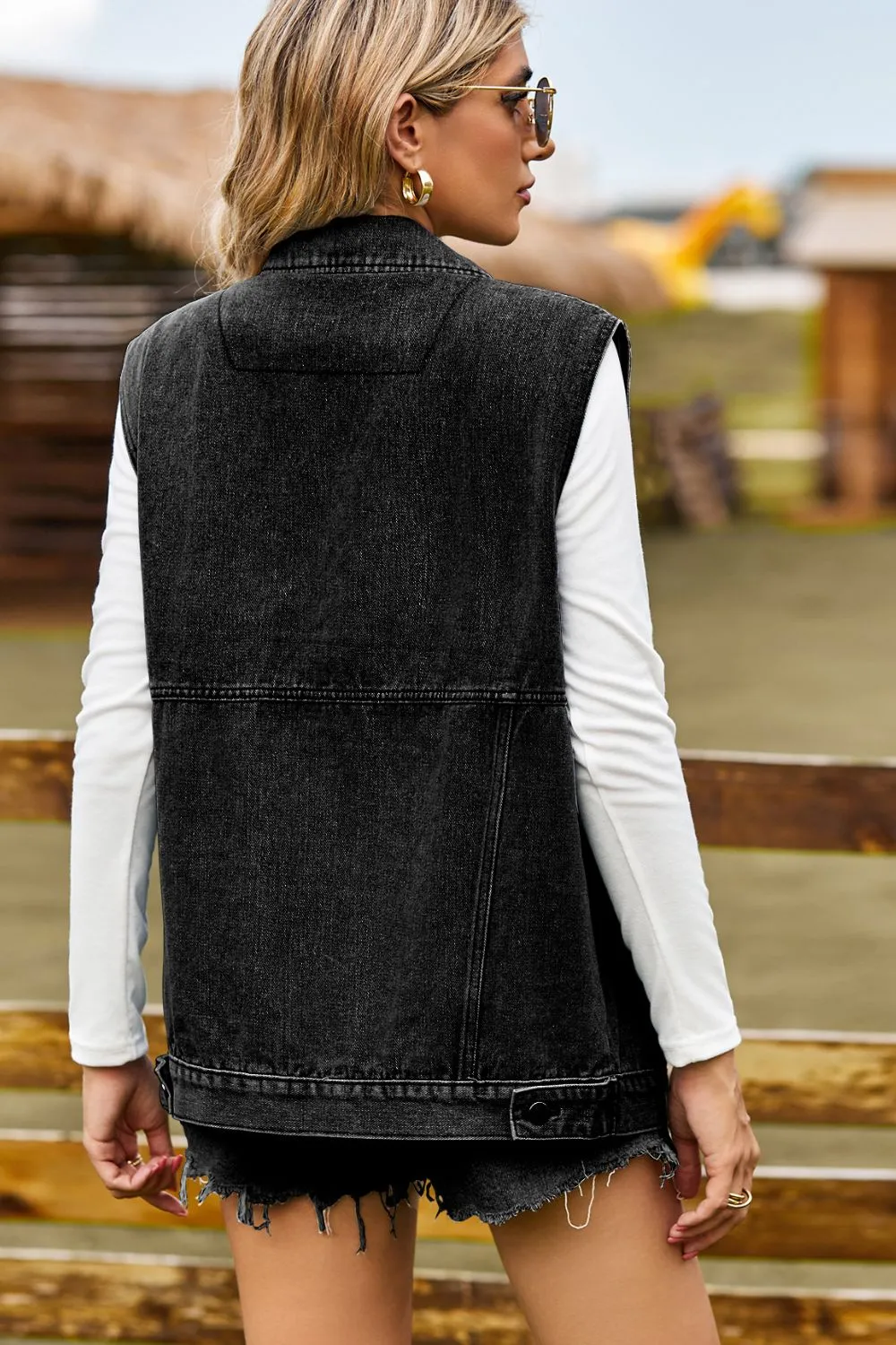 Sleeveless Collared Neck Denim Top with Pockets, image 9