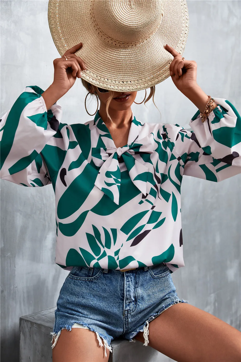 Printed Tie Neck Puff Sleeve Blouse, image 17