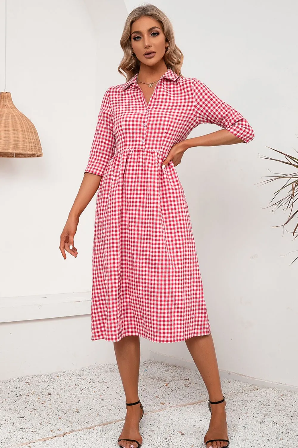Plaid Collared Neck Midi Dress, image 3