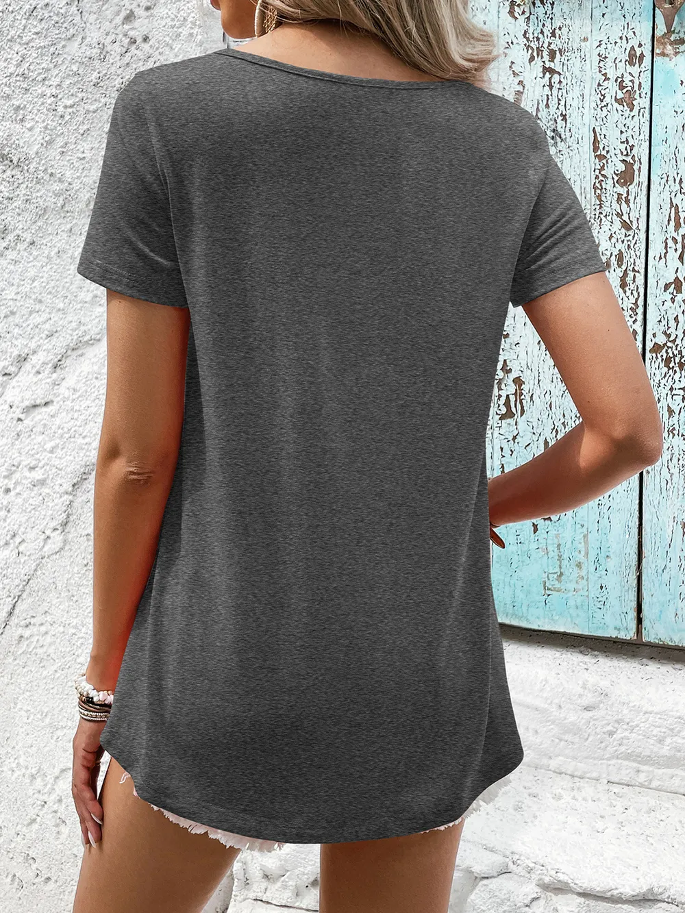 Spliced Lace Contrast Short Sleeve Top, image 2