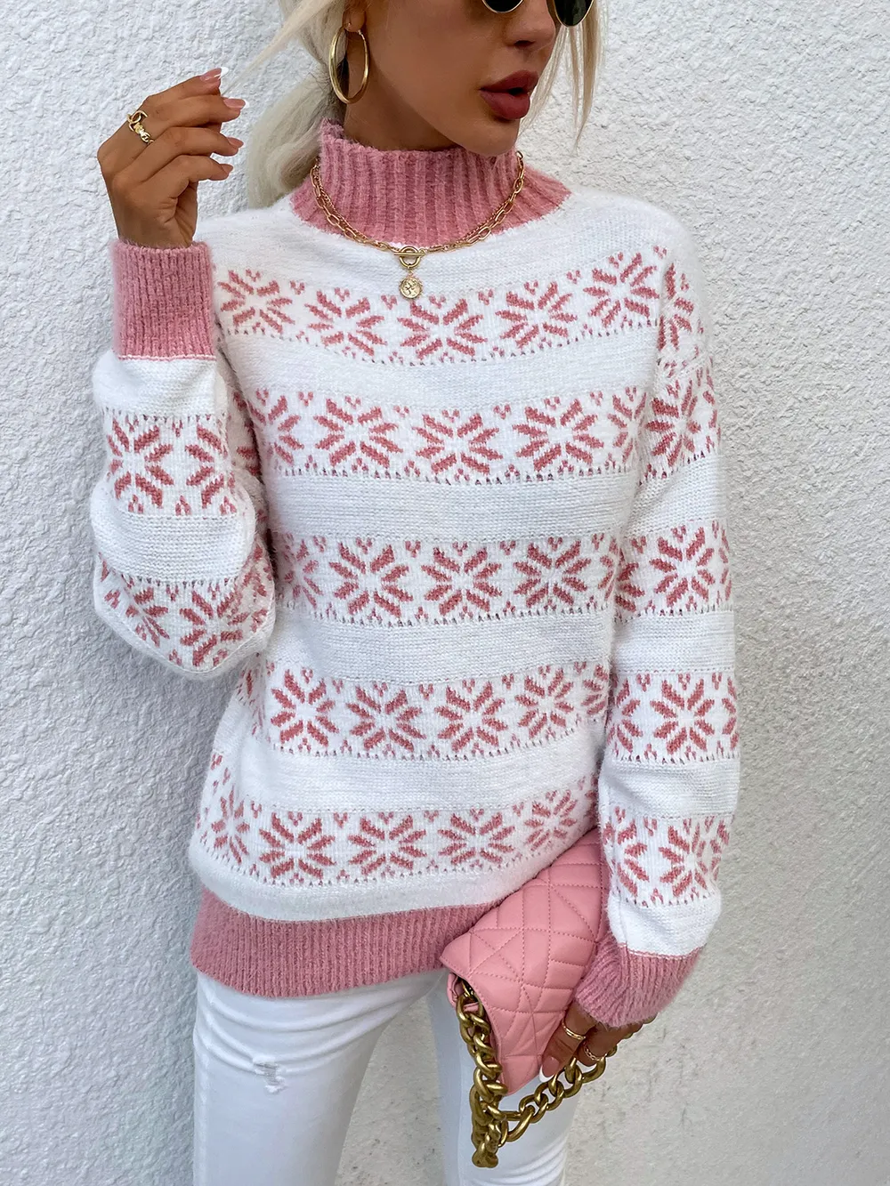 Snowflake Pattern Mock Neck Sweater, image 8