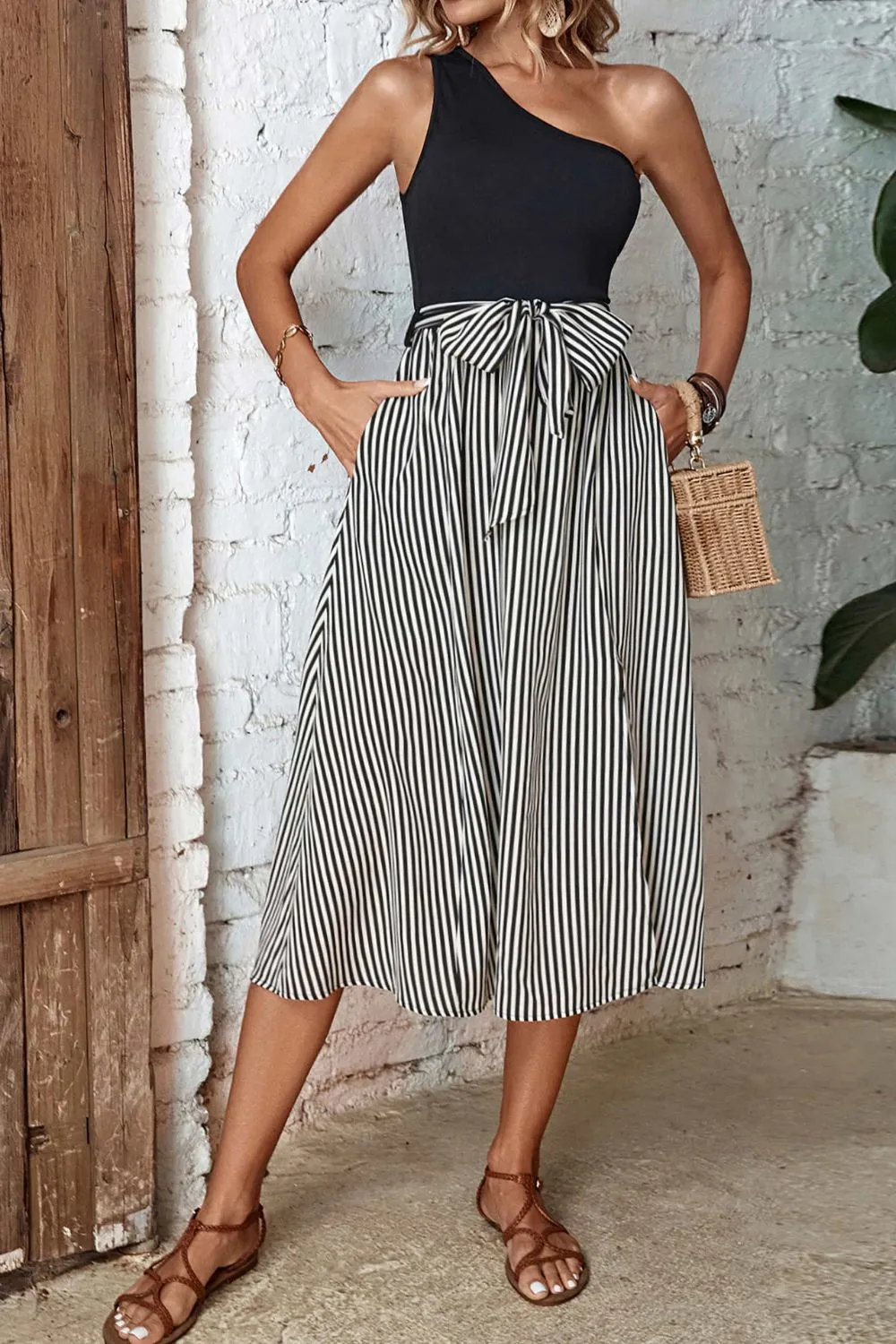 Striped One-Shoulder Slit Dress, image 3