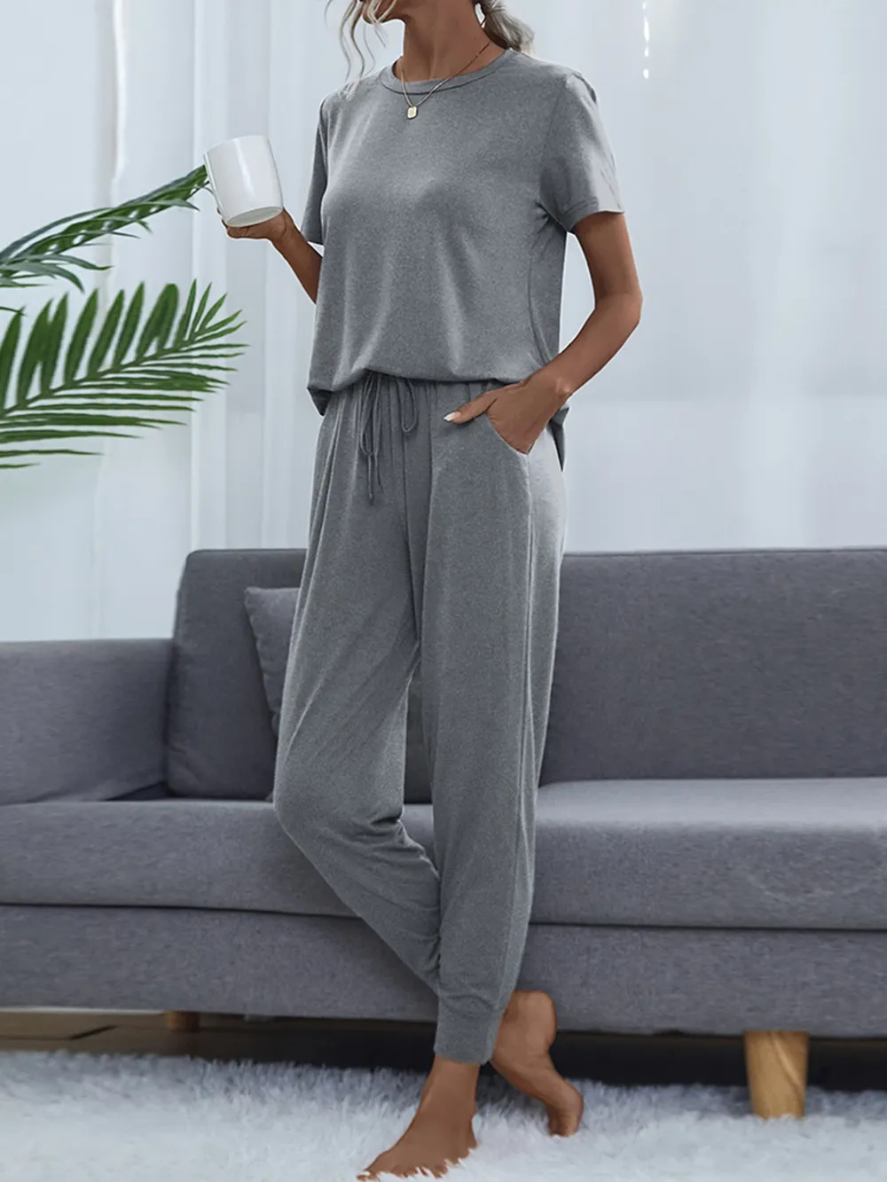 Round Neck Short Sleeve Top and Pants Set, image 18