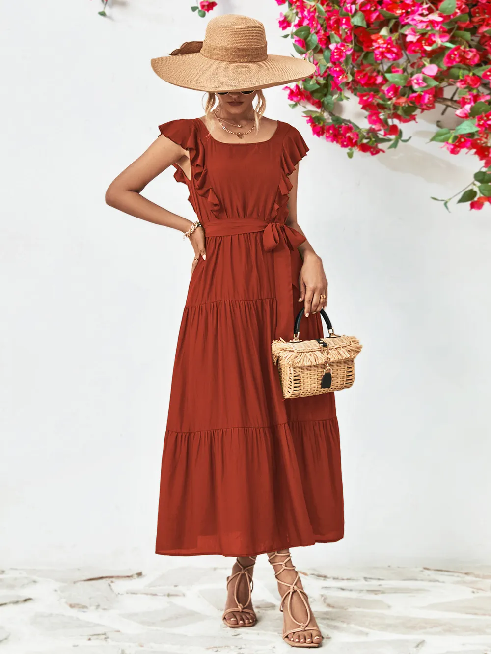 Tie Belt Ruffled Tiered Dress, image 11