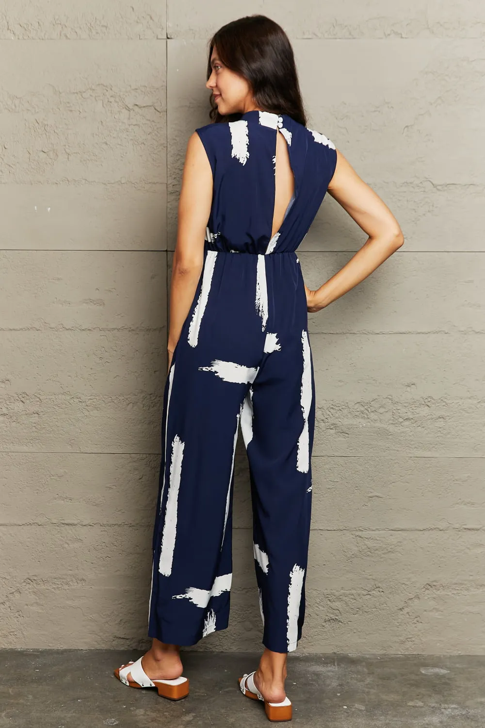 Printed Round Neck Cutout Jumpsuit with Pockets, image 2