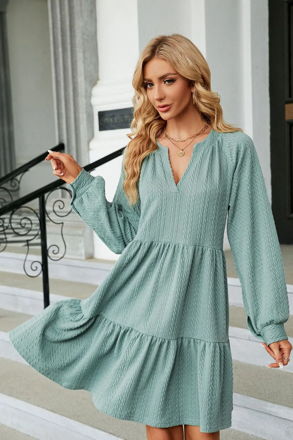 Notched Neck Long Sleeve Mini Dress, image 4