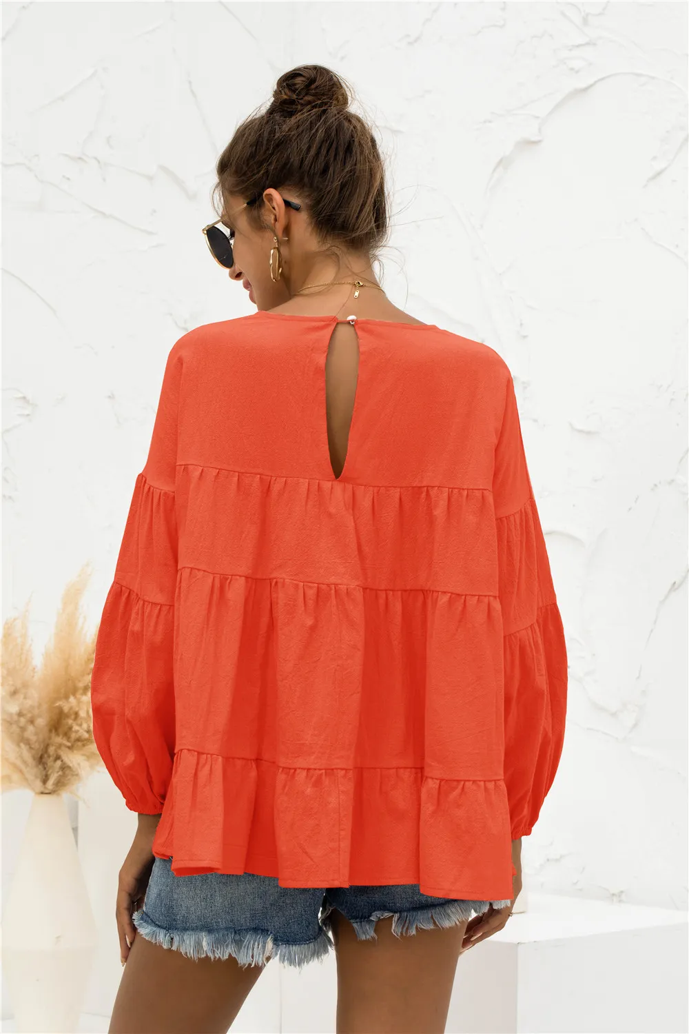 Round Neck Bubble Sleeve Tiered Blouse, image 12