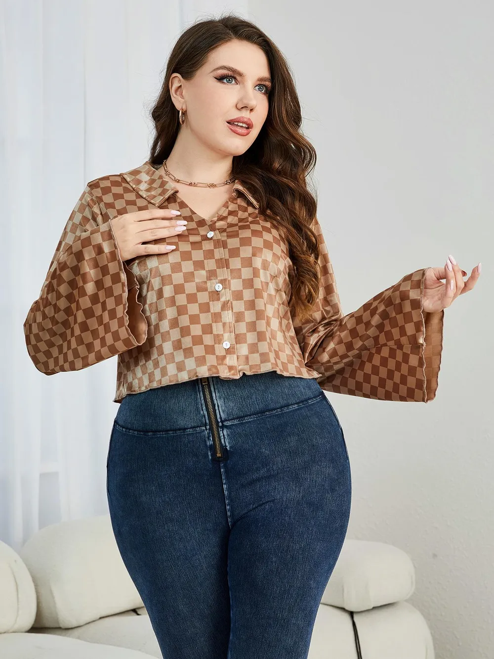 Plus Size Checkered Johnny Collar Flare Sleeve Shirt, image 3