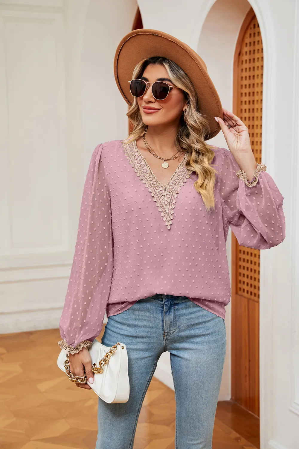 Swiss Dot Contrast V-Neck Blouse, image 11