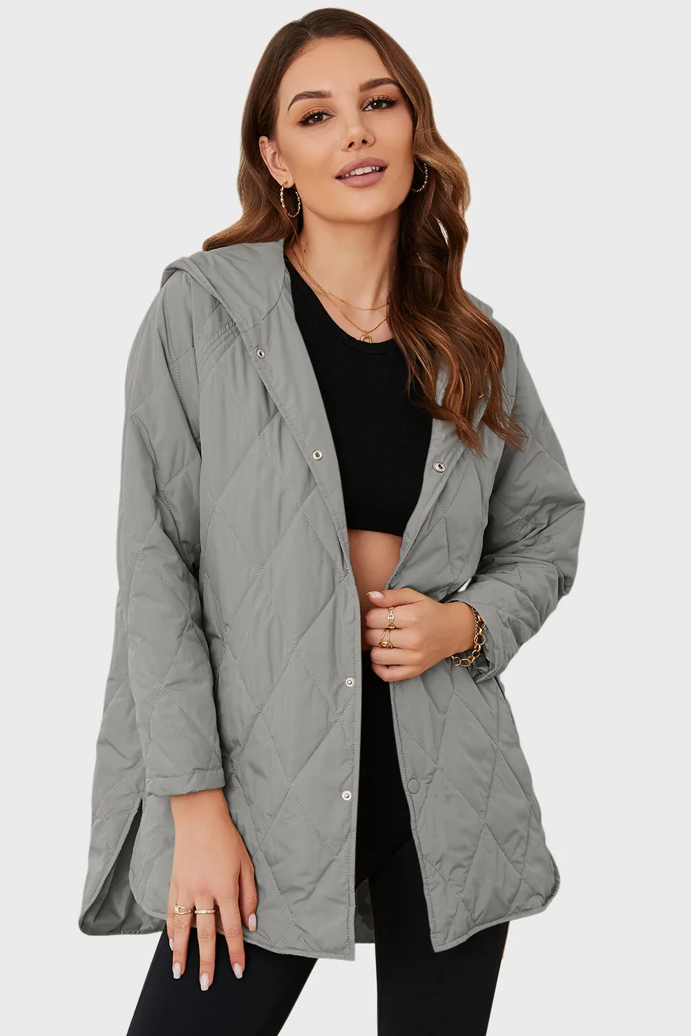 Snap Down Hooded Slit Winter Coat, image 2