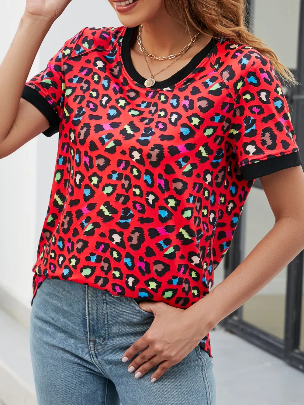 Leopard Round Neck Short Sleeve Tee Shirt, image 6