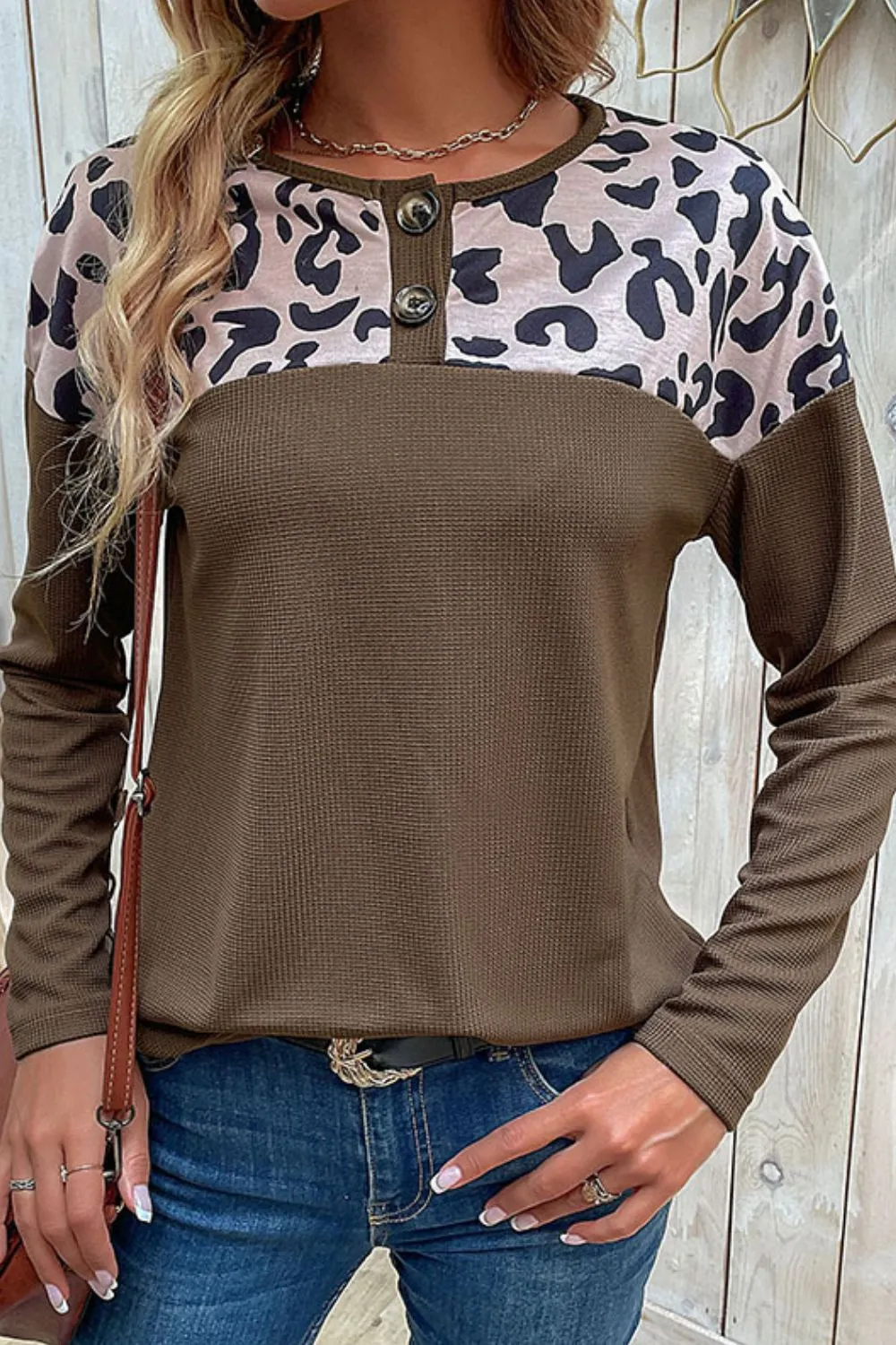 Leopard Buttoned Round Neck Drop Shoulder Top, image 4