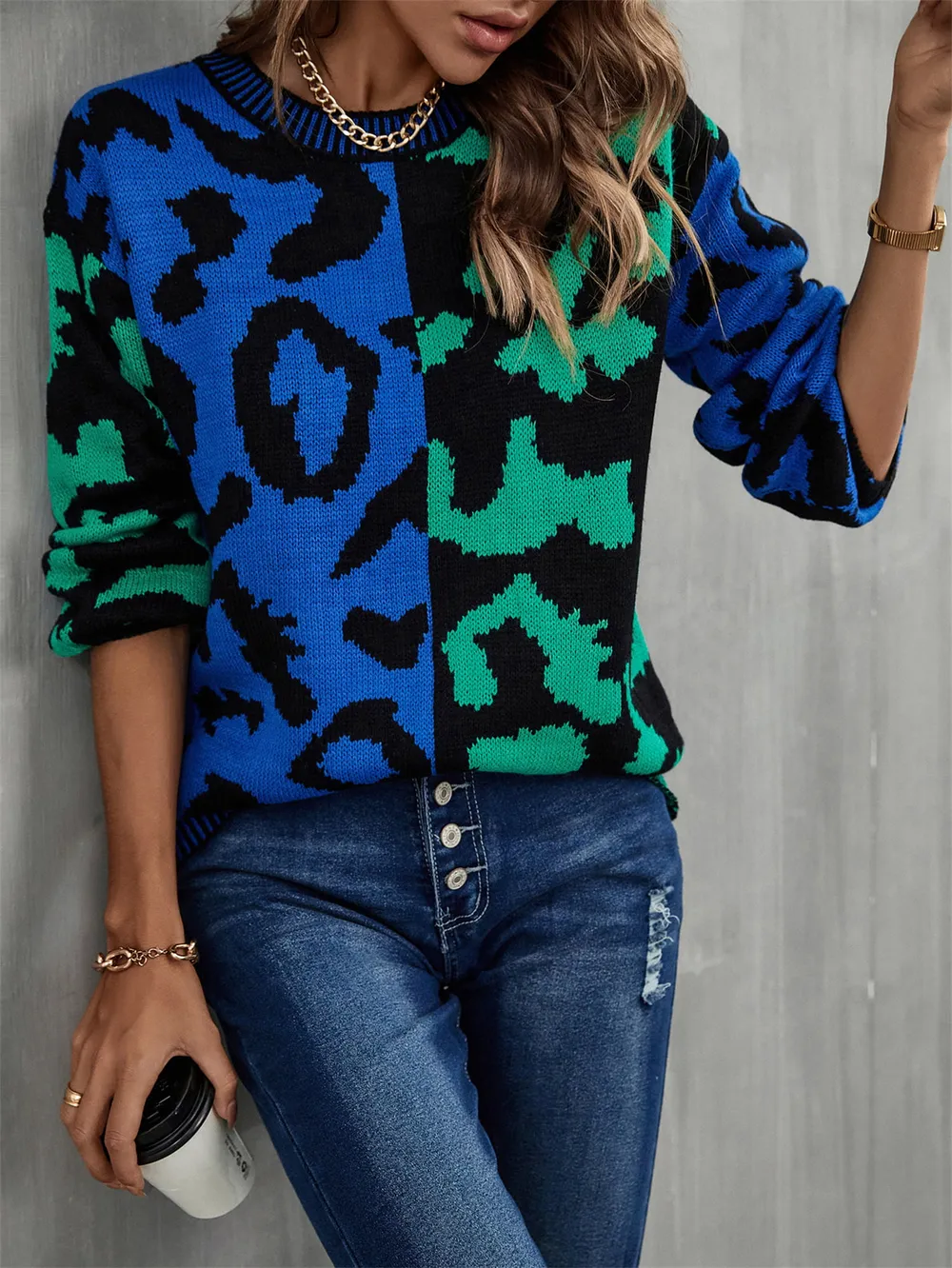Round Neck Contrast Color Dropped Shoulder Sweater, image 7