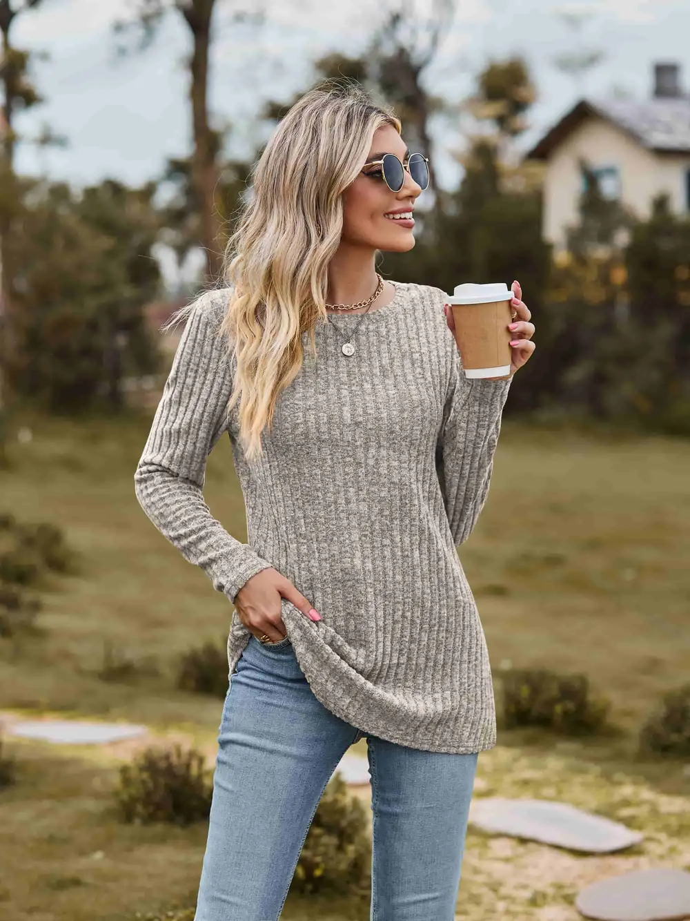 Ribbed Round Neck Long Sleeve Tee, image 11