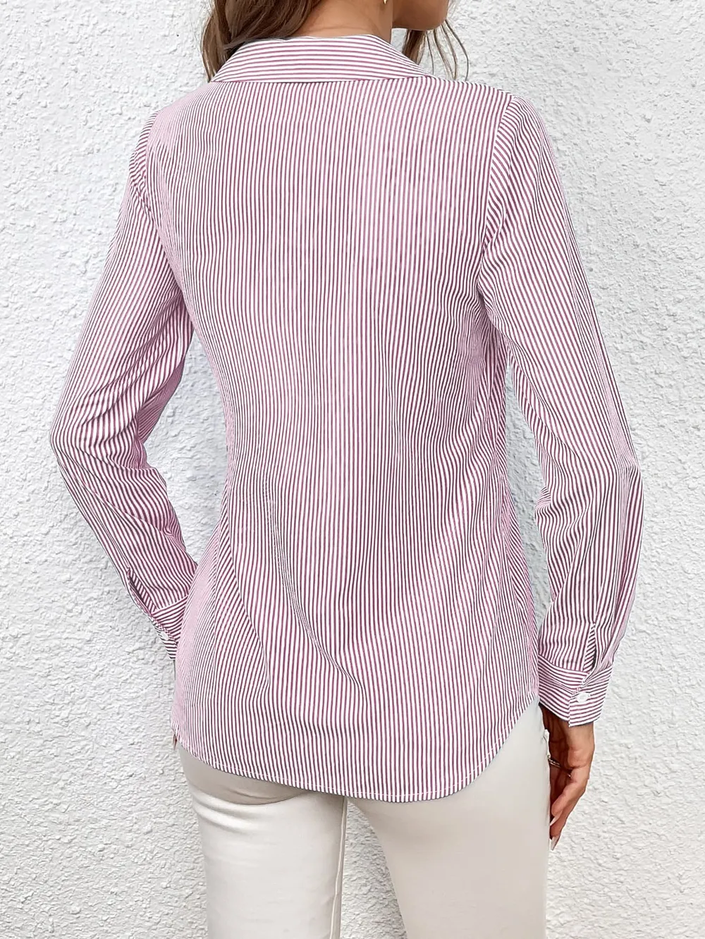 Bow Tie Waist Johnny Collar Neck Striped Blouse, image 2