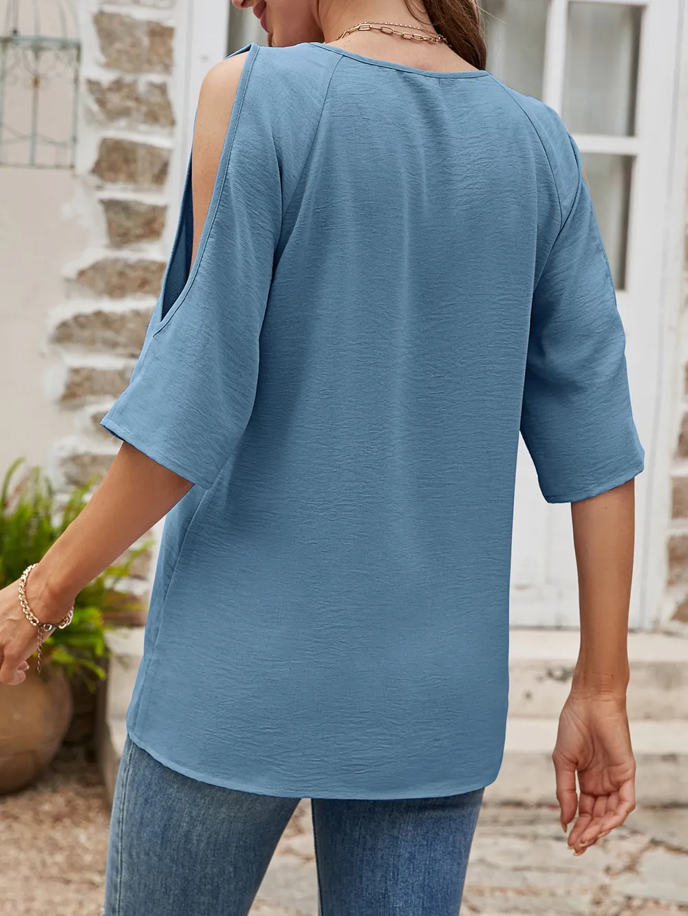 Textured Round Neck Split Sleeve Top, image 3