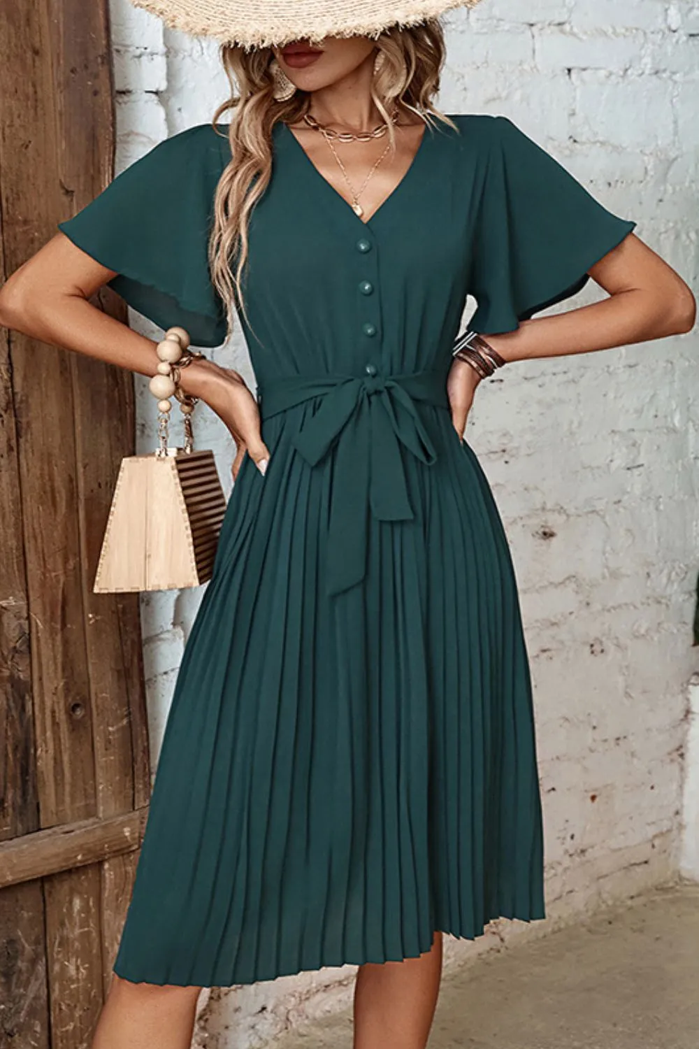 Buttoned V-Neck Flutter Sleeve Pleated Dress, image 4