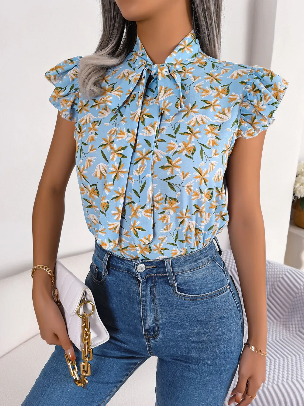 Floral Tie Neck Flutter Sleeve Blouse, image 7