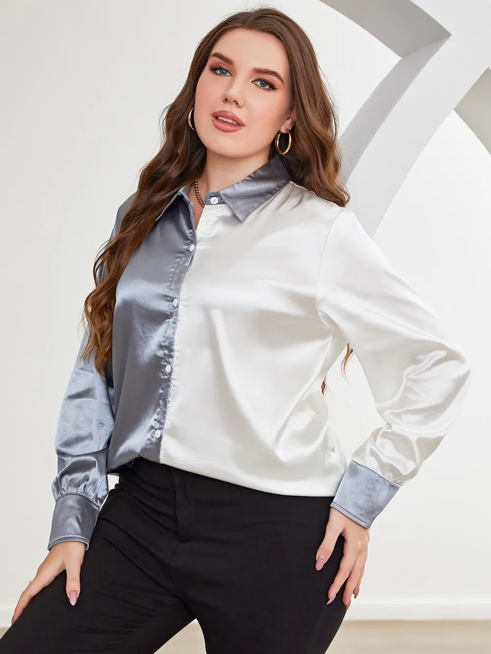 Plus Size Two-Tone Long Sleeve Shirt, image 4