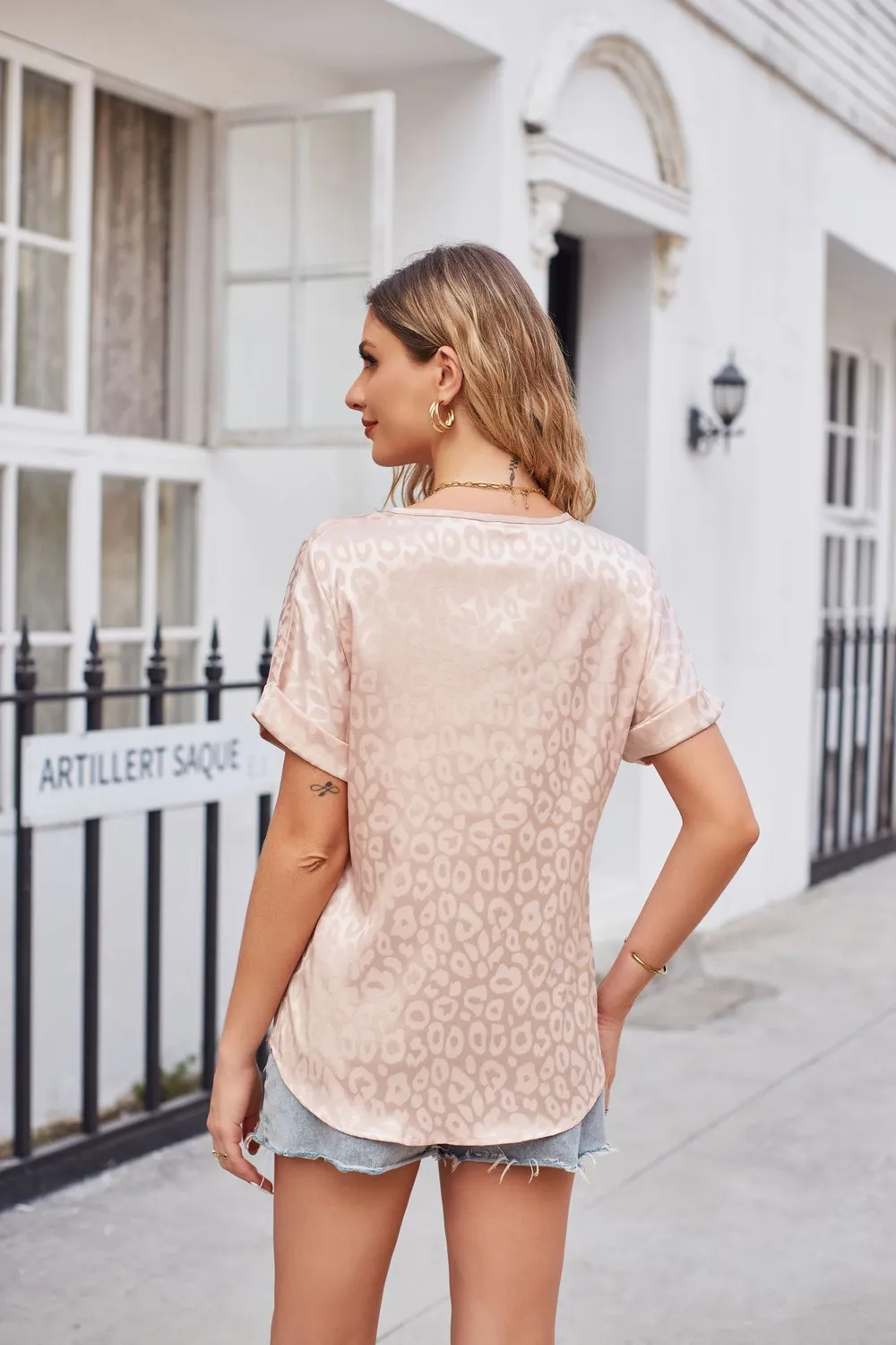 Leopard Print Curved Hem Satin Top, image 2