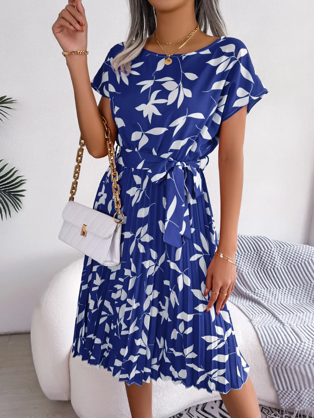 Printed Round Neck Short Sleeve Pleated Dress, image 6