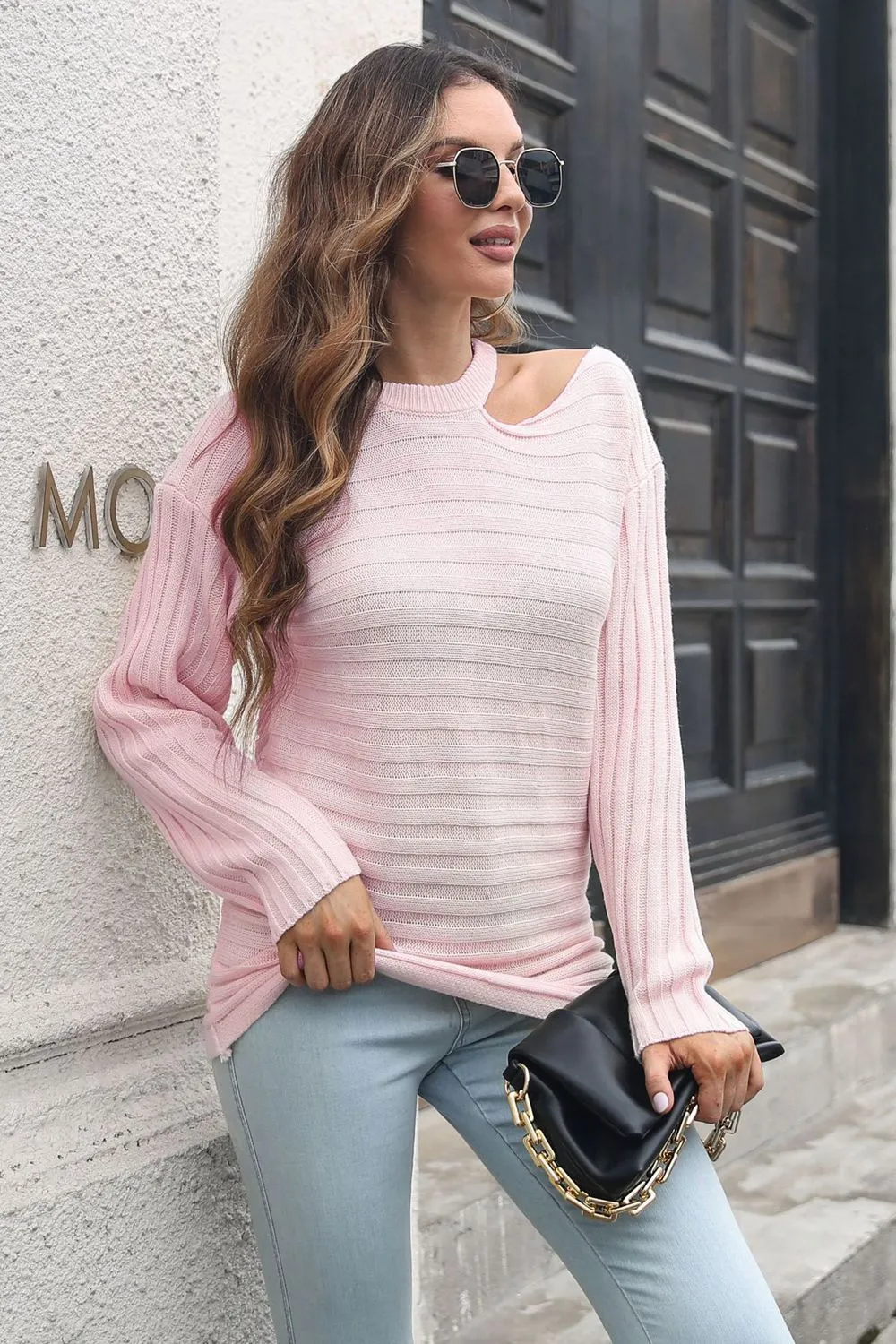 Ribbed Cold Shoulder Round Neck Pullover Sweater, image 3