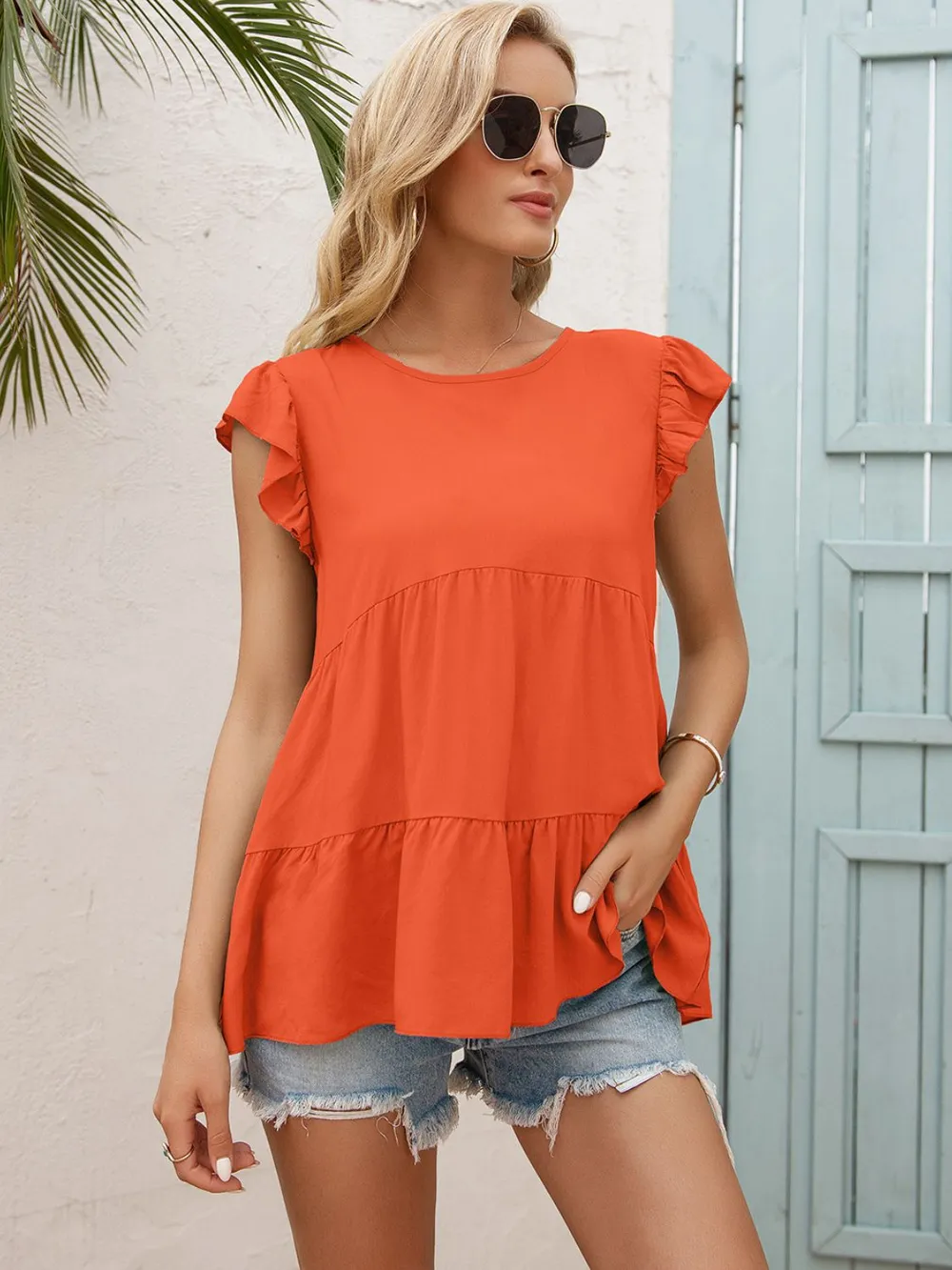 Round Neck Flutter Sleeve Tiered Blouse, image 8