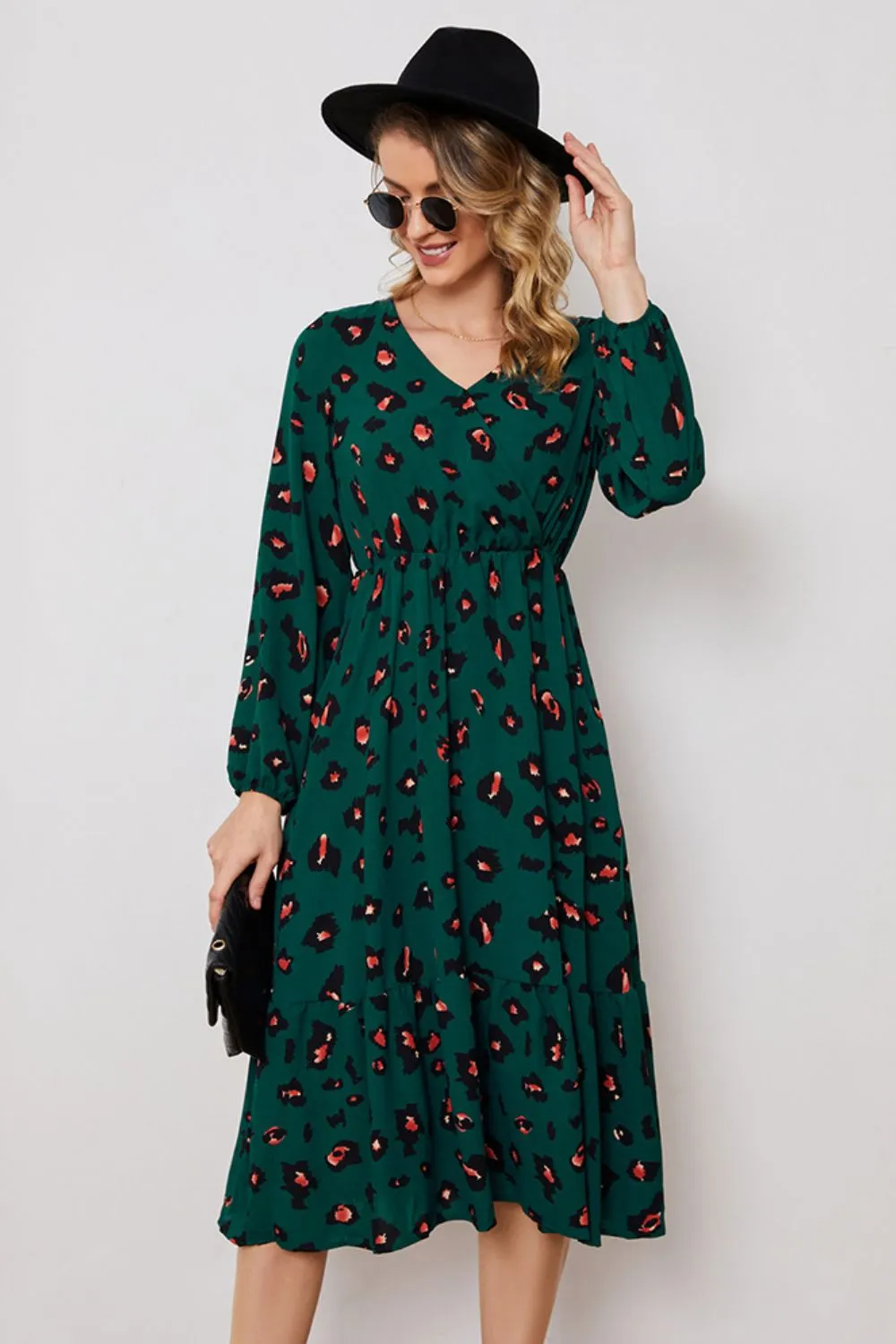Printed Surplice Neck Long Sleeve Dress, image 3