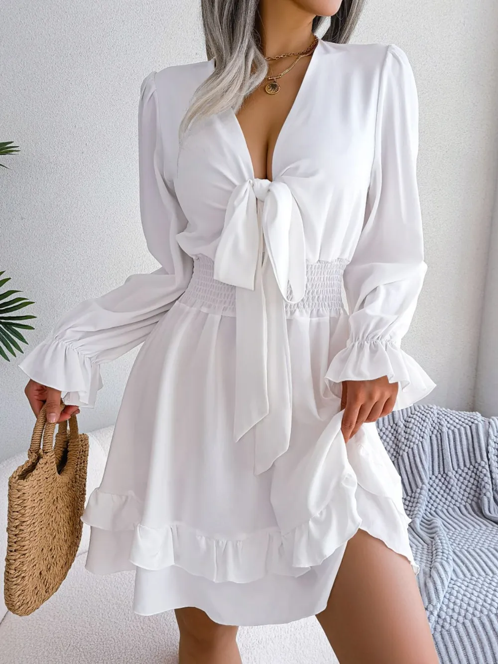 Tie Front Smocked Waist Flounce Sleeve Dress, image 10