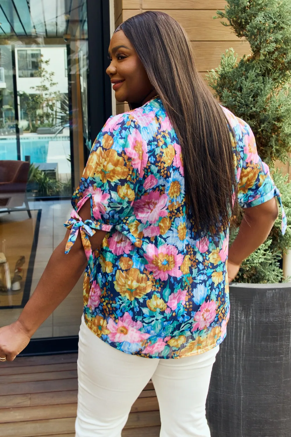 Full Size Floral V-Neck Tie Detail Blouse, image 8