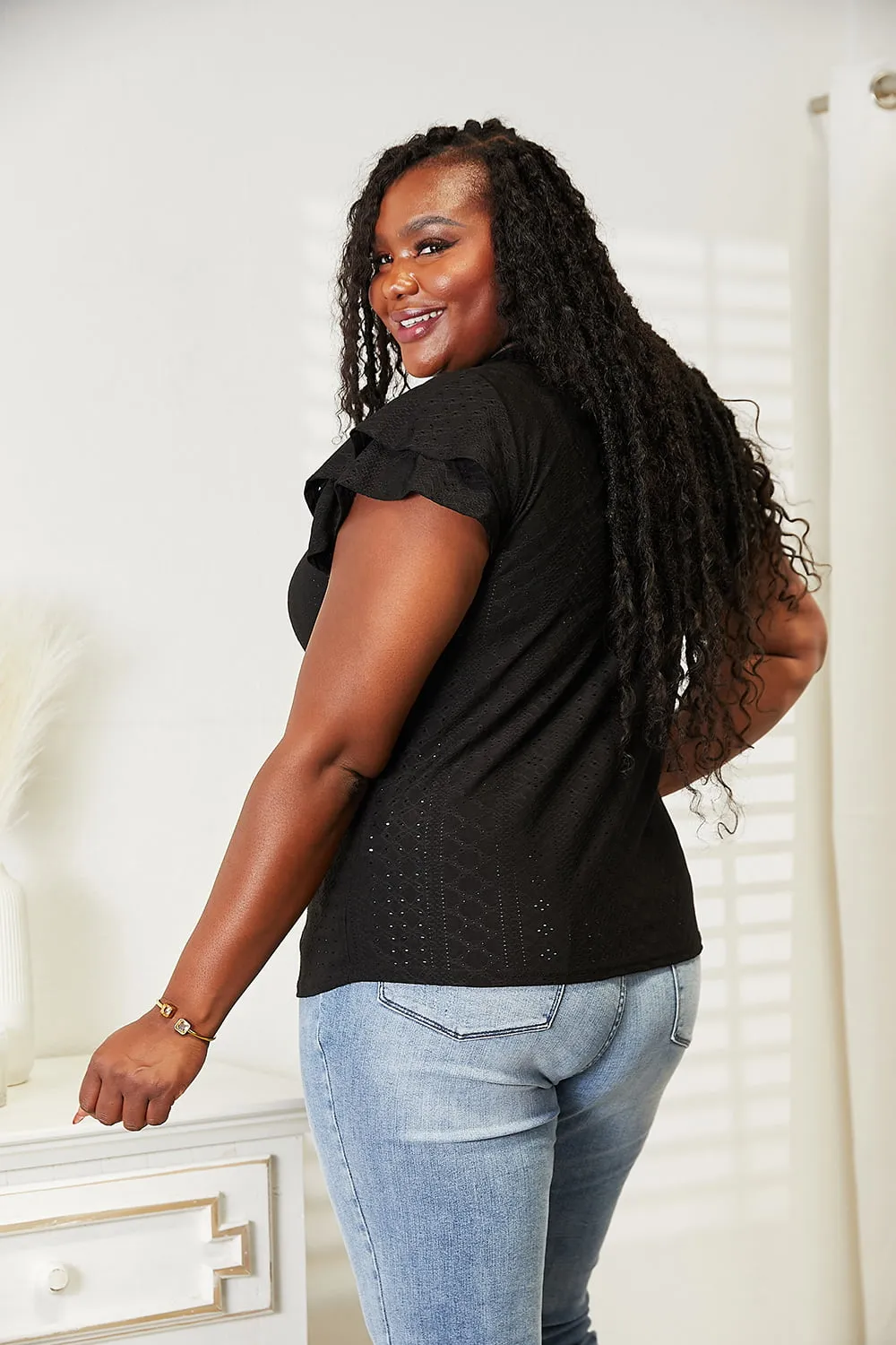 Eyelet Tie-Neck Flutter Sleeve Blouse, image 6