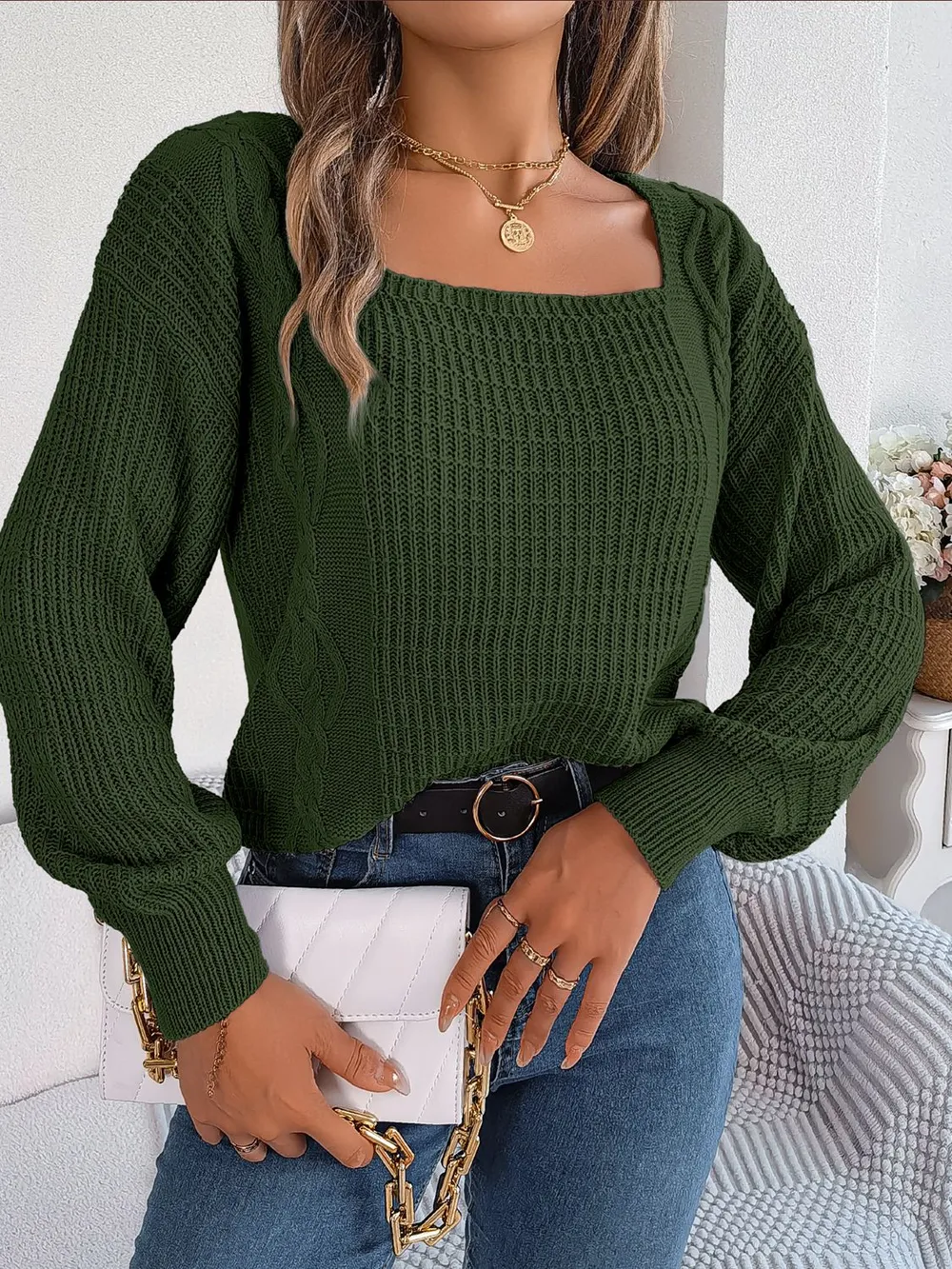 Square Neck Mixed Knit Sweater, image 2
