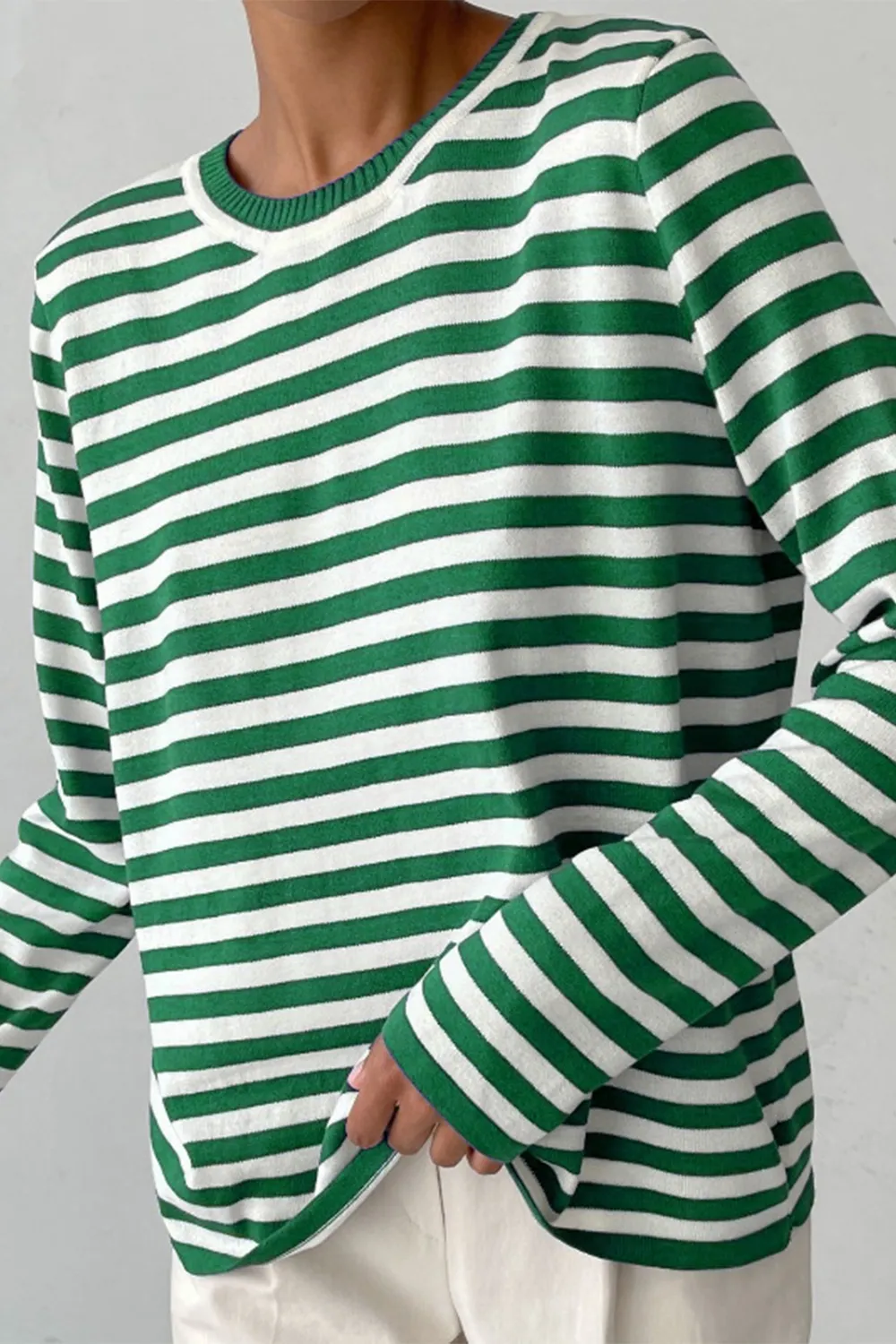 Striped Round Neck Long Sleeve Sweater, image 24