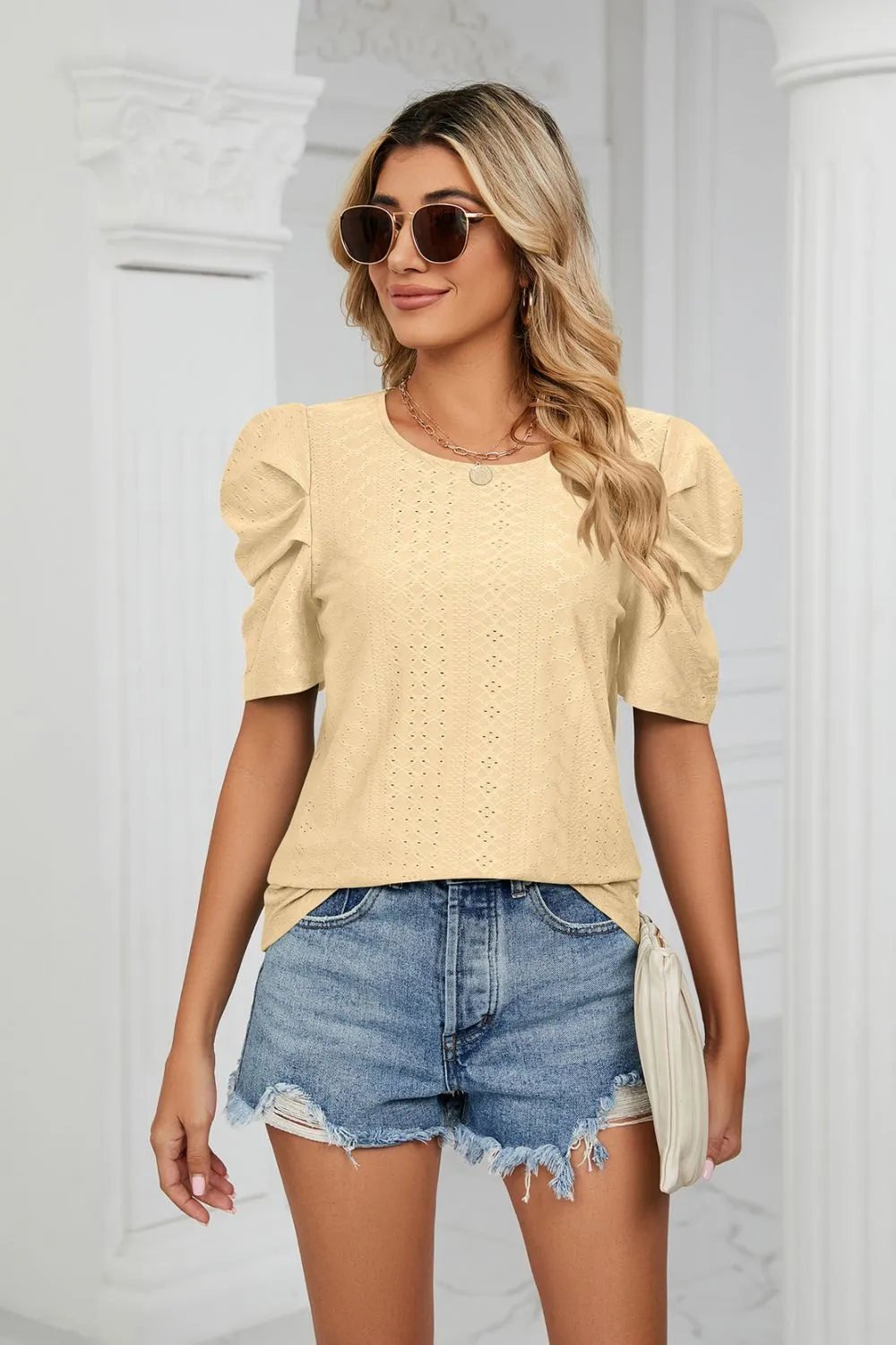 Eyelet Puff Sleeve Round Neck Blouse, image 12