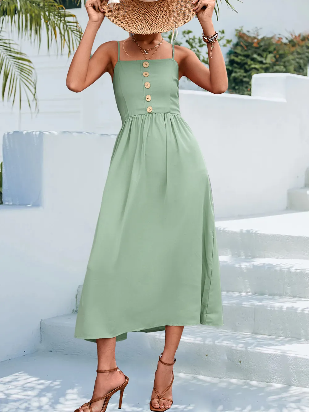Decorative Button Spaghetti Strap Midi Dress, image 19