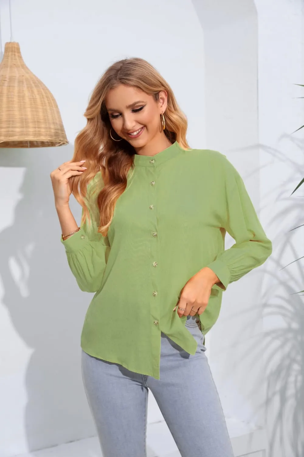 Mock Neck Buttoned Long Sleeve Shirt, image 11