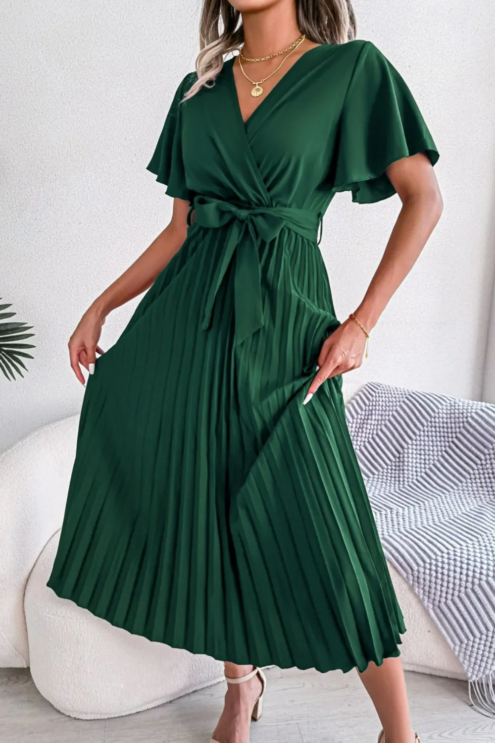 Pleated Flutter Sleeve Belted Dress, image 2