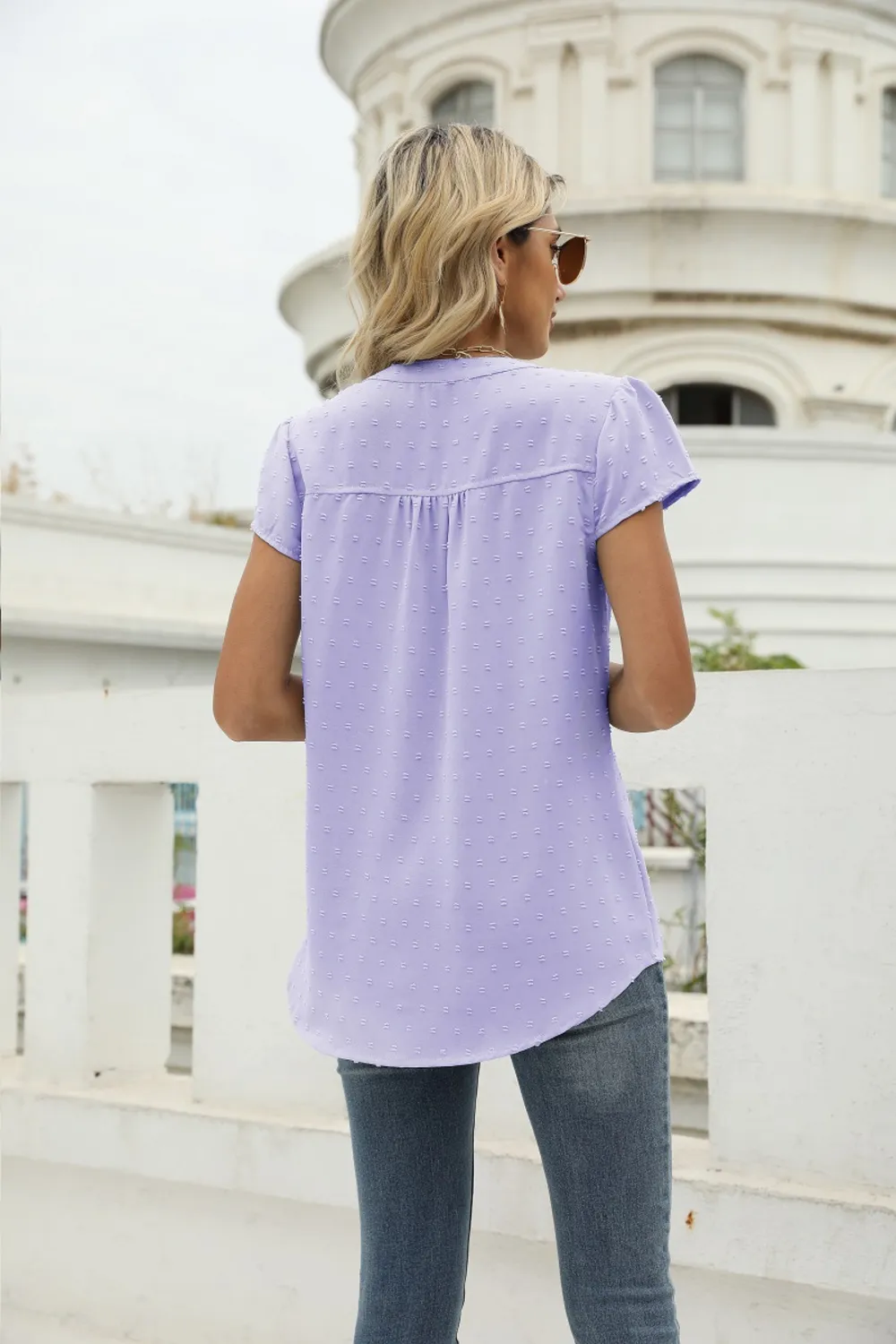Swiss Dot Notched Neck Short Sleeve Top, image 35