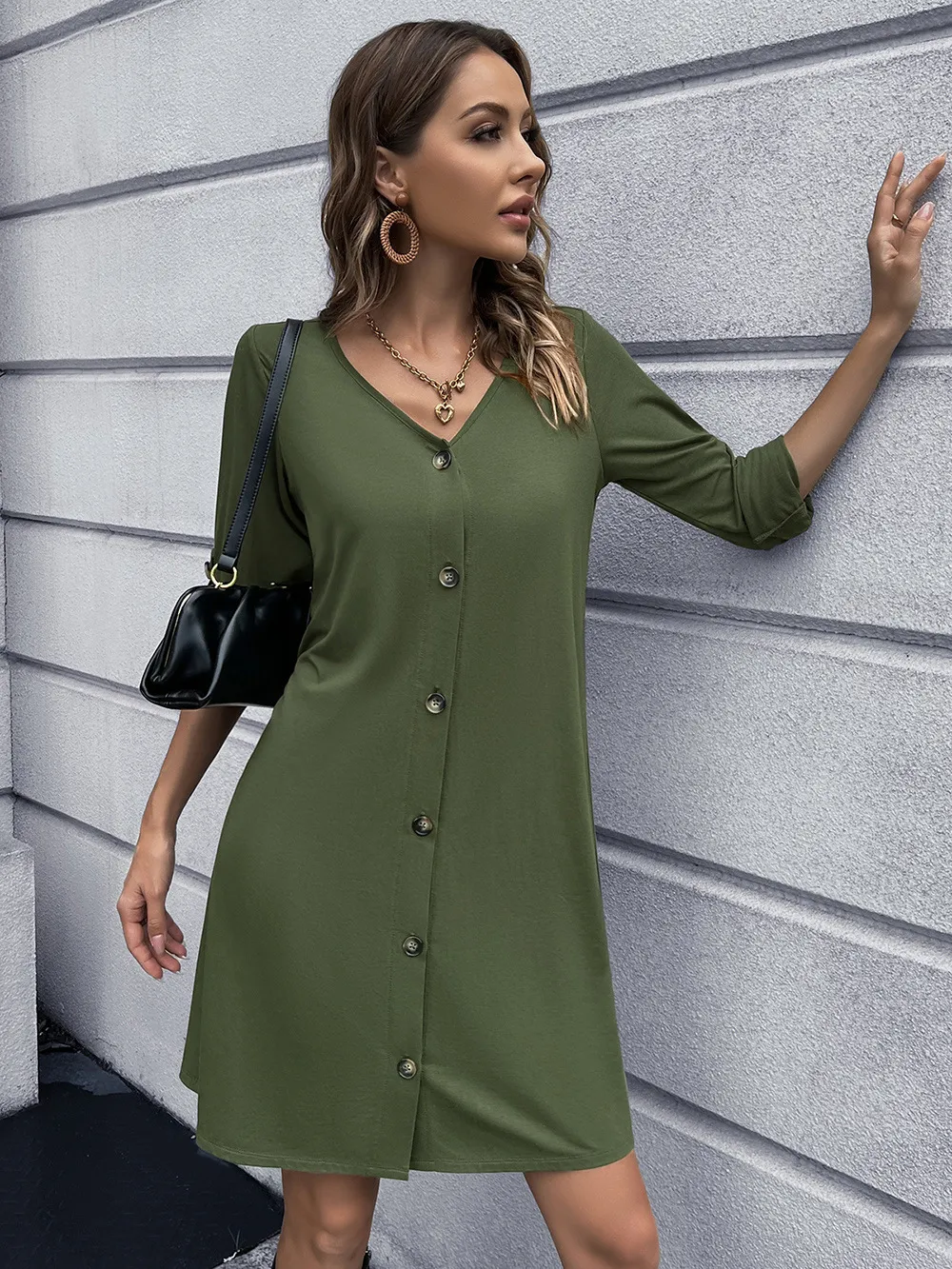 Button Down V-Neck Mini Dress, image 2