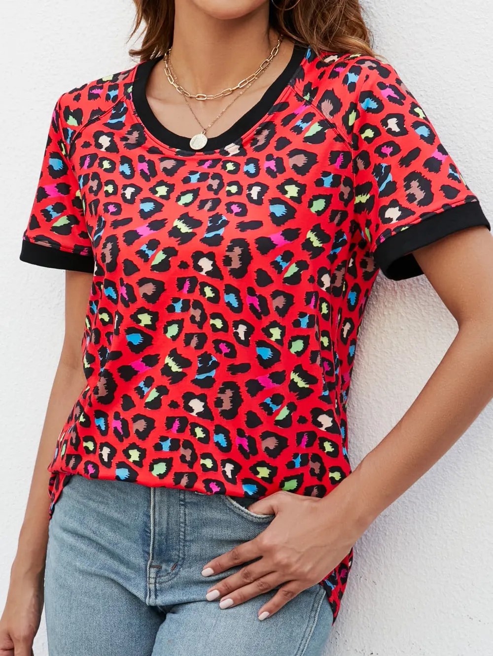 Leopard Round Neck Short Sleeve Tee Shirt, image 4