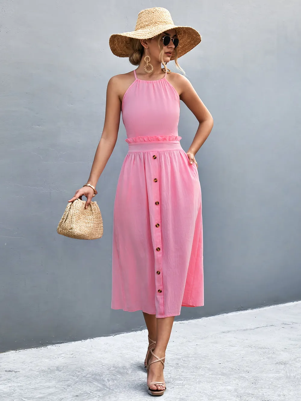 Buttoned Halter Neck Frill Trim Midi Dress, image 10