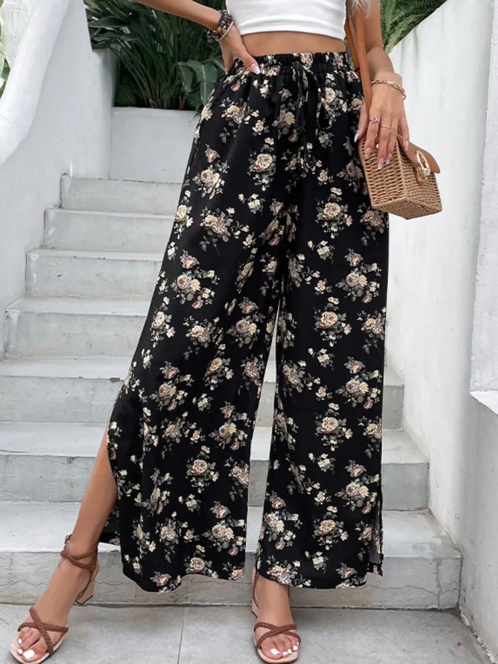 Floral Side Slit Wide Leg Pants, image 4