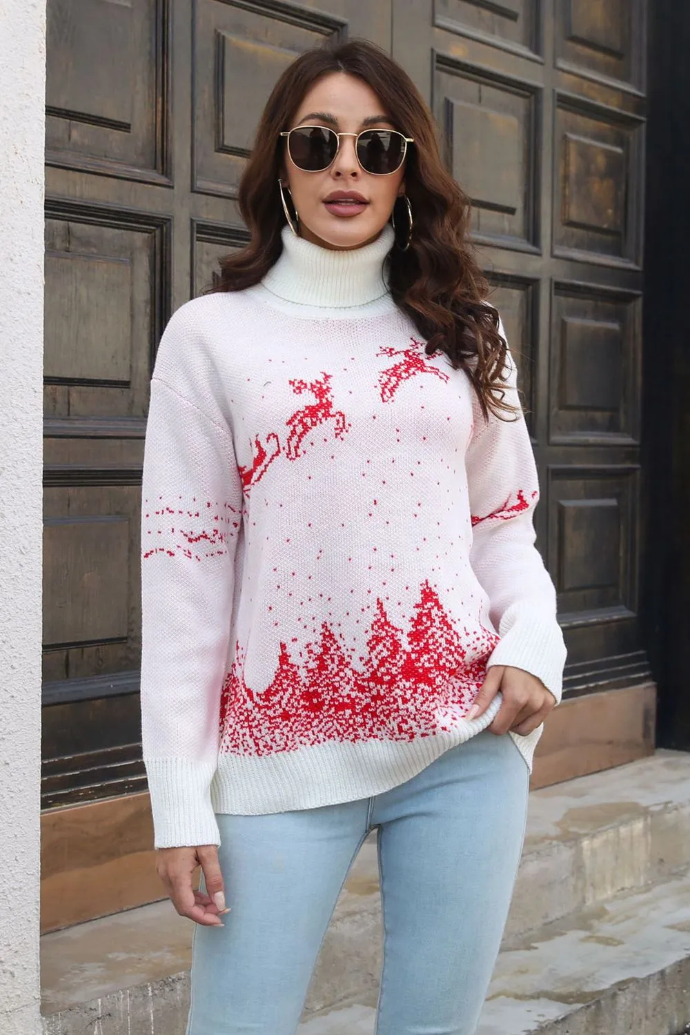 Reindeer & Snow Pattern Turtle Neck Pullover Sweater, image 6