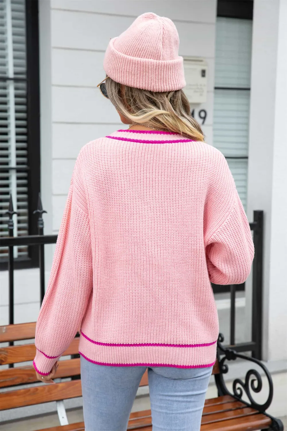 Waffle Knit V-Neck Cardigan with Pocket, image 3