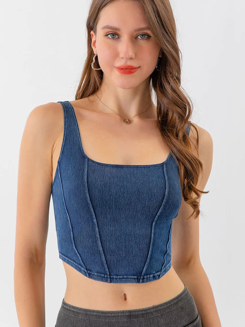 Seam Detail Cropped Denim Tank, image 2
