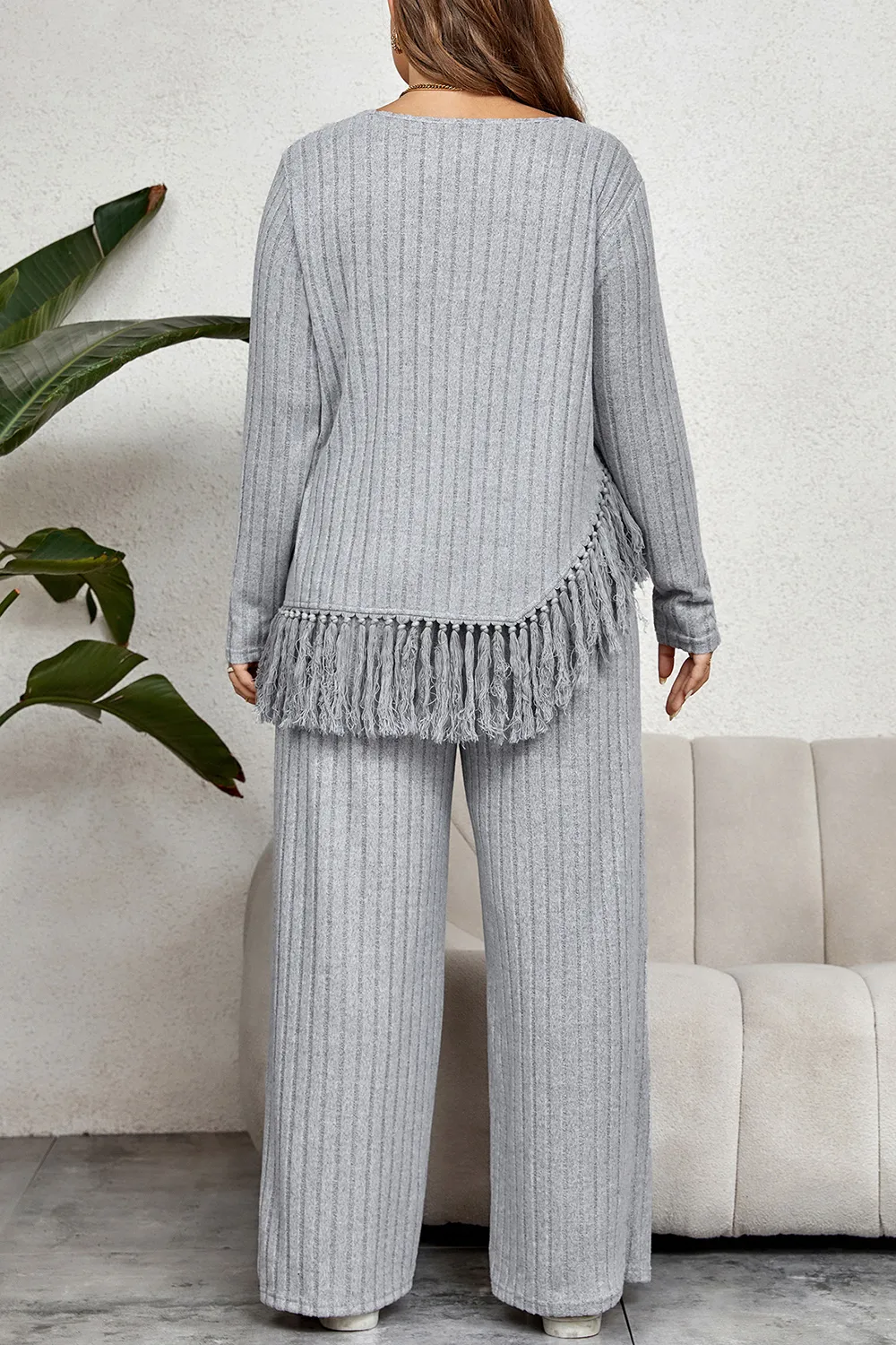 Plus Size Tassel Hem Top and Pants Set, image 4