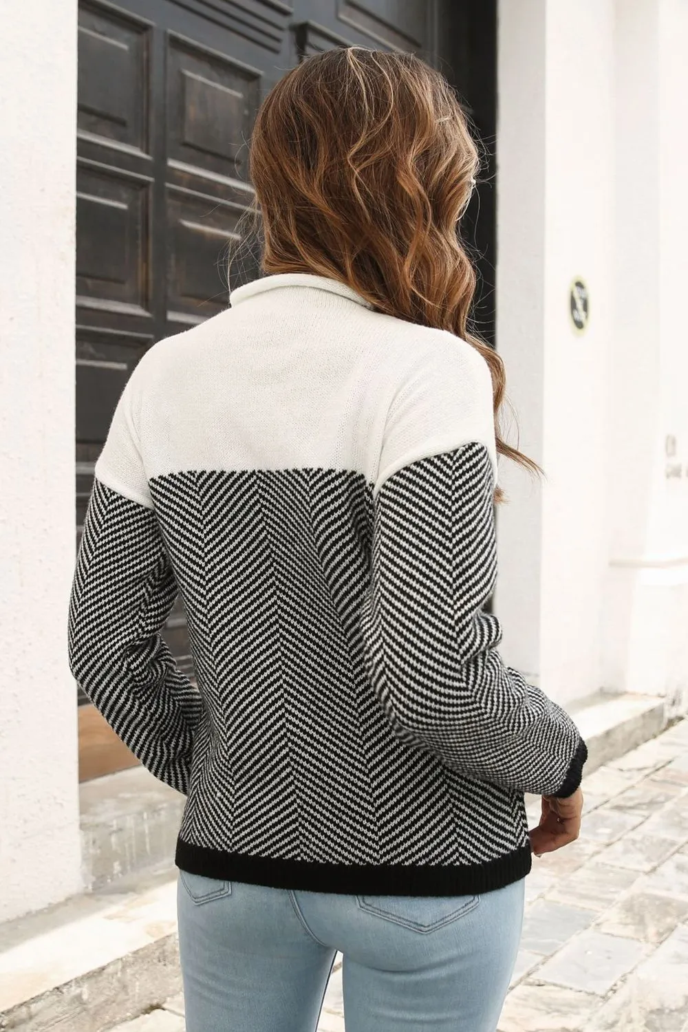 Two-Tone Mock Neck Dropped Shoulder Pullover Sweater, image 2